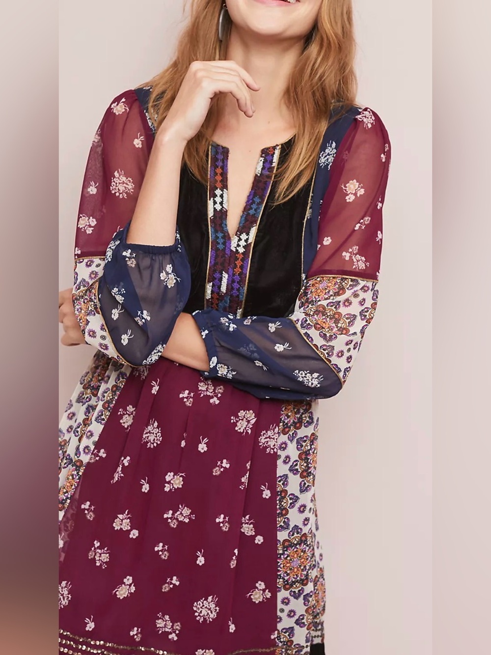 Anthropologie Maeve Mixed Floral Patchwork Tunic in Burgundy and Navy